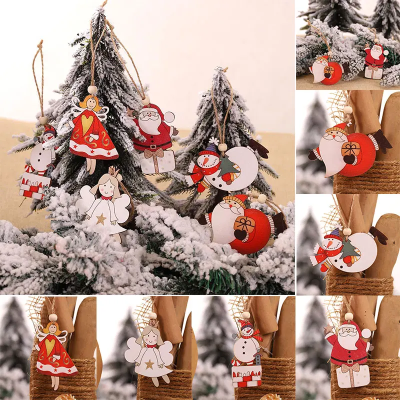 2/4pcs Angel Snowman Santa Claus Natural Wood Christmas Tree Ornament Wooden Pendant Xmas Tree DIY Ornament Navidad Decoration
