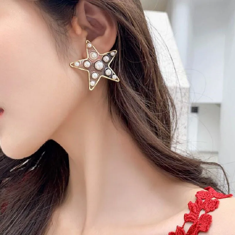 ES145 корейская мода пятиконечная звезда жемчужные серьги с простым дизайном сердце серьги для женщин Девушка Вечерние Свадебные Ювелирные изделия Подарки