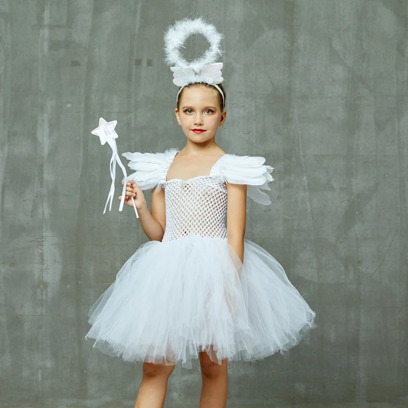 Girls White Heavenly Angel Tutu Dress with Halo & Sequin Angel Wings Back Children Halloween Fancy Dress Up Christmas Costume (10)