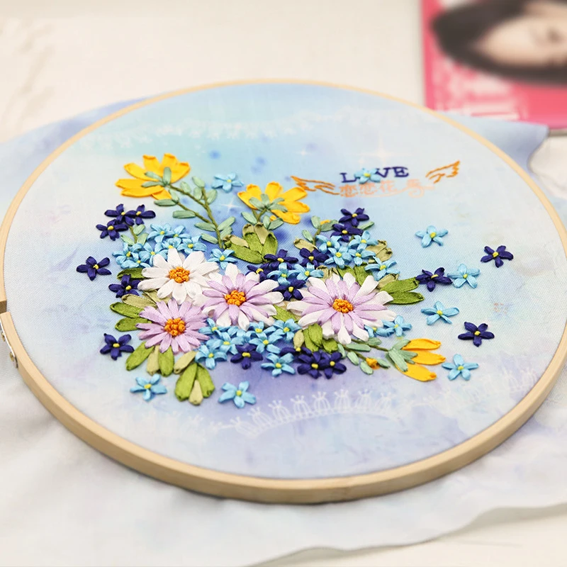 Hand Embroidery DIY Ribbon Materials Package Novice Embroidery Flowers Vintage Cross-Stitch Cloth With Frame Living Room Decor