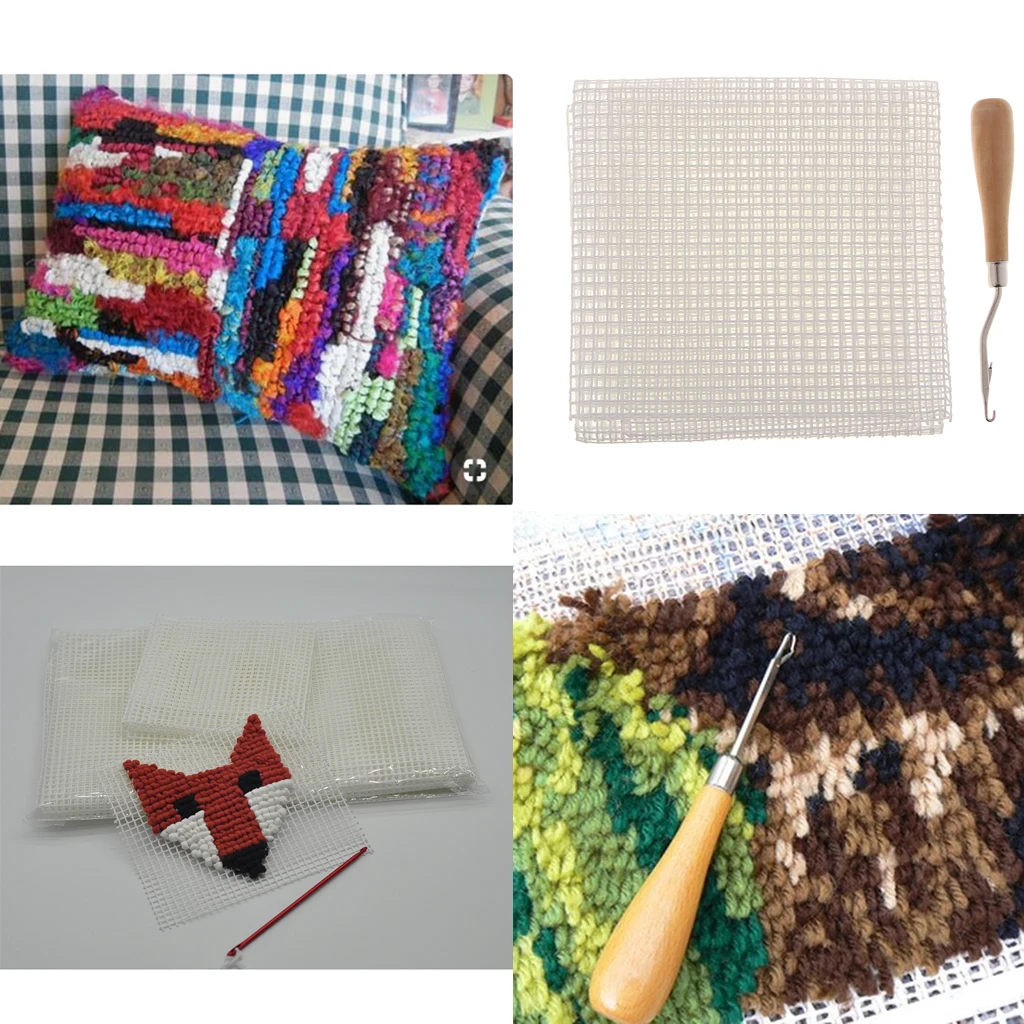 Rug Making Canvas Mesh Wood Bent Latch Hook Crochet  DIY Arts Crafts Decor