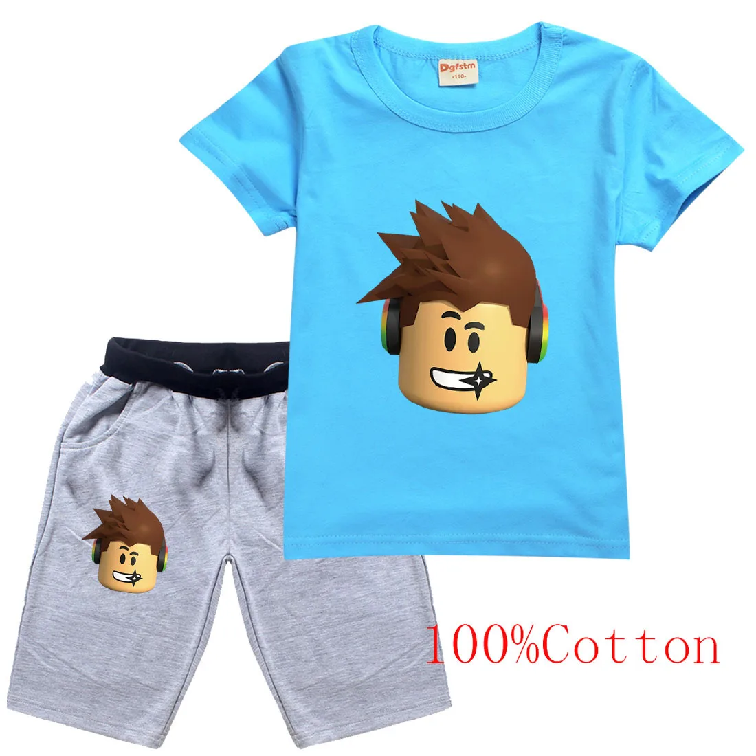 JIAQUN Roblox T-Shirt Unisexe pour Enfants Jeu Roblox Costumes T-Shirt Short en Jean Ensemble de T-Shirt pour Enfants 