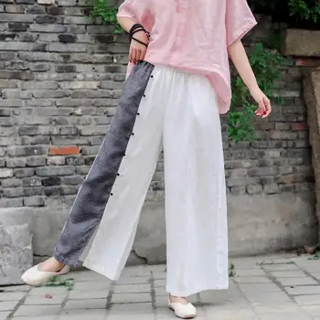 

Wide leg pants Elastic waist Casual Loose linen pockets Ankle-length trousers