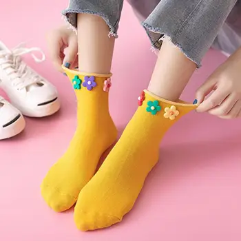 

Fashion Printing Cartoon Cotton Socks Colorful Flower Curl Edge Breathable Cotton Over Ankle Short Socks
