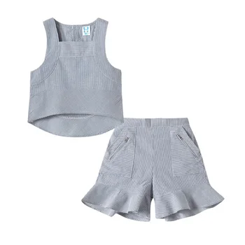 

4 To 14 Years Kids and Teen Girls Stripe Clothes Set Sleeveless Shirt and Short Pant Set Baby Girls Summer Two Piece Set, #8725