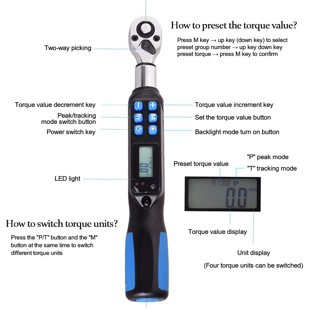 1/4" DR Portable Handheld Digital Display Backlight Torque Wrench 0.1-2NM Ratchet Wrench Torque Spanner Manual Wrenches