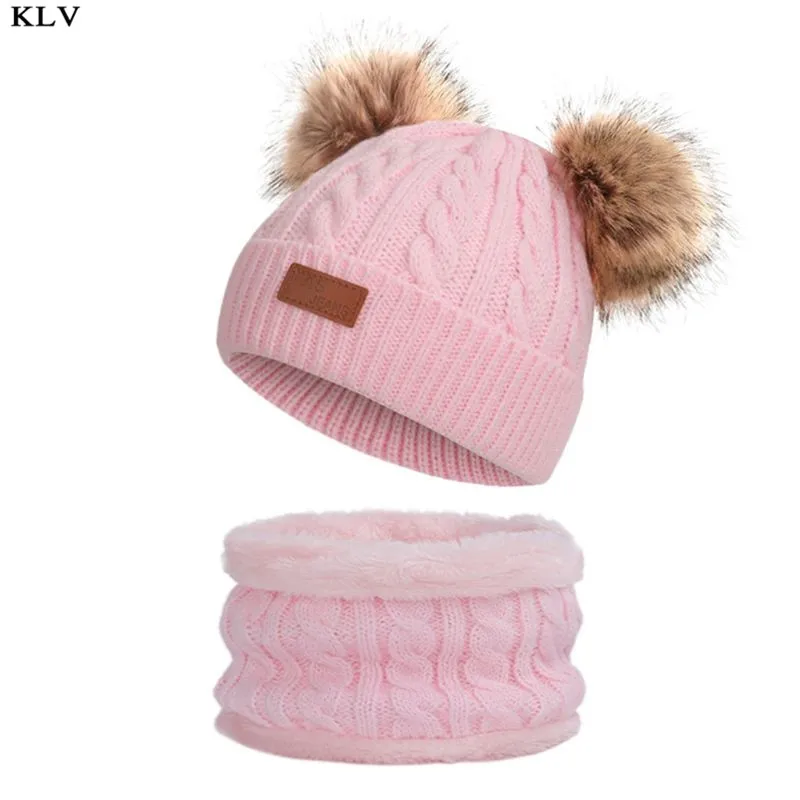 Light Pink Детская зимняя шапка бини Бесконечность шарф Набор милый пушистый помпон шапка шеи Теплый - Цвет: Light Pink