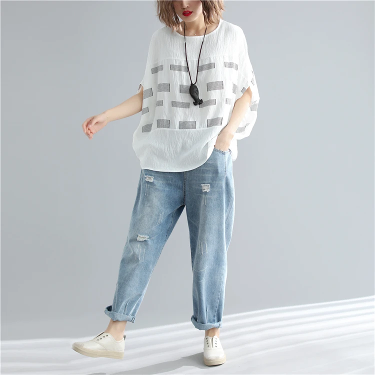 Женская футболка размера плюс 4XL 5XL 6XL из хлопка и льна летняя Клетчатая футболка большого размера с принтом летучая мышь Повседневная Свободная Женская футболка
