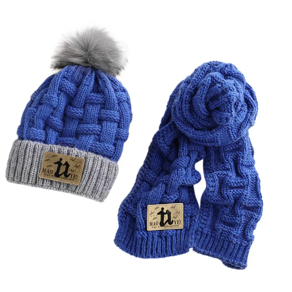 Kuulee, утепленная шапка и шарф, помпон, шапка, шарф, комплект, теплый вязаный комплект для детей, зимняя и осенняя одежда - Цвет: blue