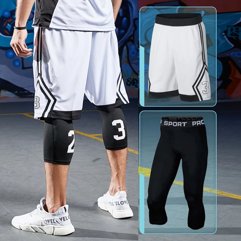 8906 white set Профессиональные спортивные мужские шорты для занятия баскетболом, наборы для занятий спортом, для спортзала, быстросохнущие, облегающий тренировочный костюм, шорты для баскетбола, мужские футбольные колготки - Цвет: 8906 white set