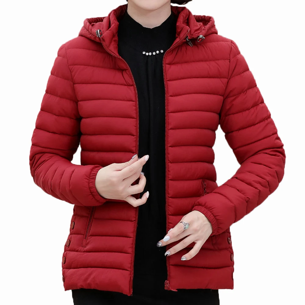 

Woman Winter Parka Lightweight Hooded Puffer Jackets Female Puff Outerwear Red Green Puff Hood Basic Coats Plus Size Parkas Lady