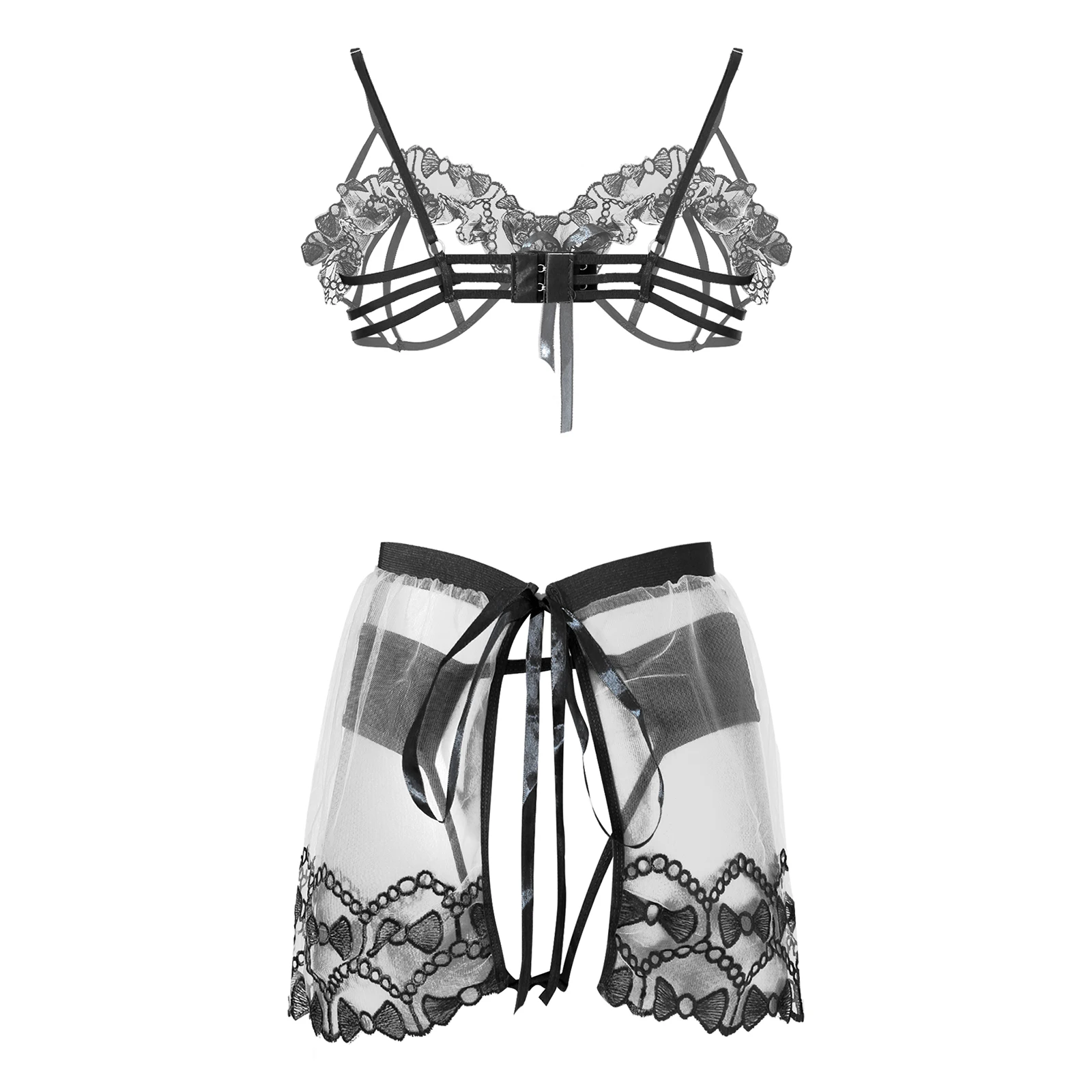 

Women Sexy Lingerie Set Embroidery Underwear Hollow Out Unlined Bra Lace-up Mini Skirt with G-string Sleepwear Three Pieces