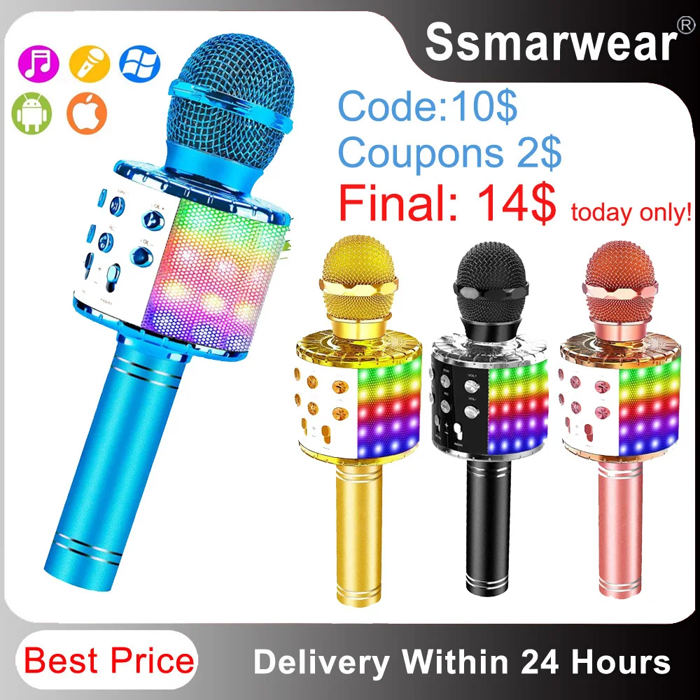 Original Ssmarwear WS858L LED Light Bluetooth Karaoke Microphone Portable Wireless Handheld Karaoke Mic Speaker For Kid Adult