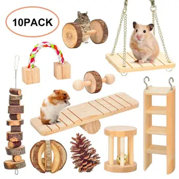 

Hamster Chew Toys Gerbil Rat Guinea Pig Chew Toys Accessories Natural Wooden Dumbbells Exercise Bell Roller Teeth Care Molar Toy