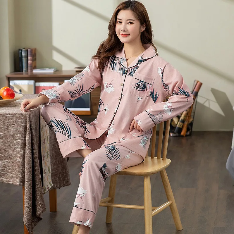 

WOMEN'S Pajama Spring And Autumn Pure Cotton Long Sleeve Plus-sized Size 200 Catty XXXL Homewear Set Large Size