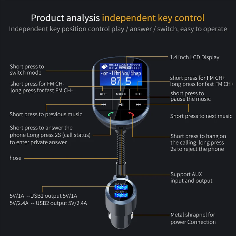 FM модулятор Bluetooth 4,2 MP3 музыкальный плеер Автомобильный комплект fm-передатчик Bluetooth радио передатчик AUX модулятор двойной usb зарядка