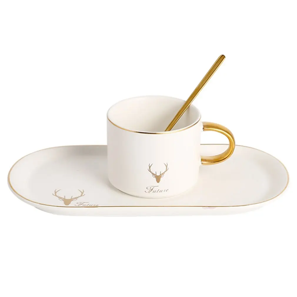Высококачественная позолоченная кофейная чашка с геометрическим узором, блюдце, подарочный набор Lover'S, утренняя кружка, молочный кофе, чай с ложкой - Цвет: white