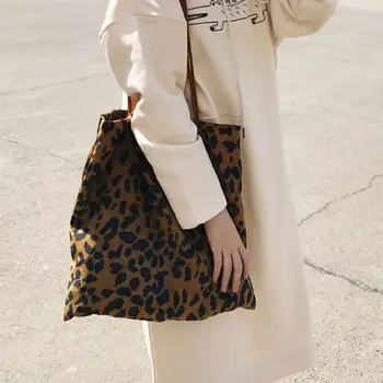 

Corduroy Shopping Bag Reusable Tote Handbag Leopard Pattern Shoulder Bags Shoppers