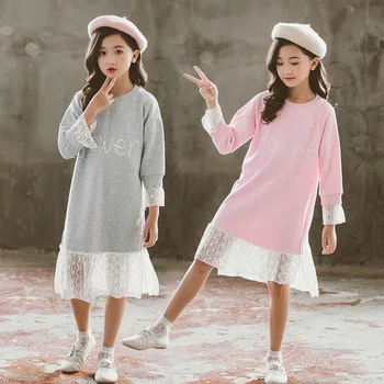 

Girls Dress 2020 spring Autumn lace Kids Dresses Children Long Sleeved letter print Princess Dress Kids Clothes 6 8 10 12 14 Y