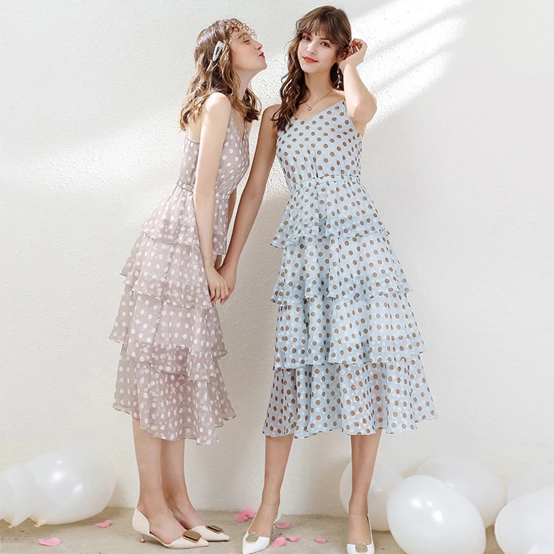 

Wasteheart Summer Women Blue Chiffon A-Line Dress V Neck Dots Party Holiday Backless Lady Sexy Dress Plus Size Sweet Dresses