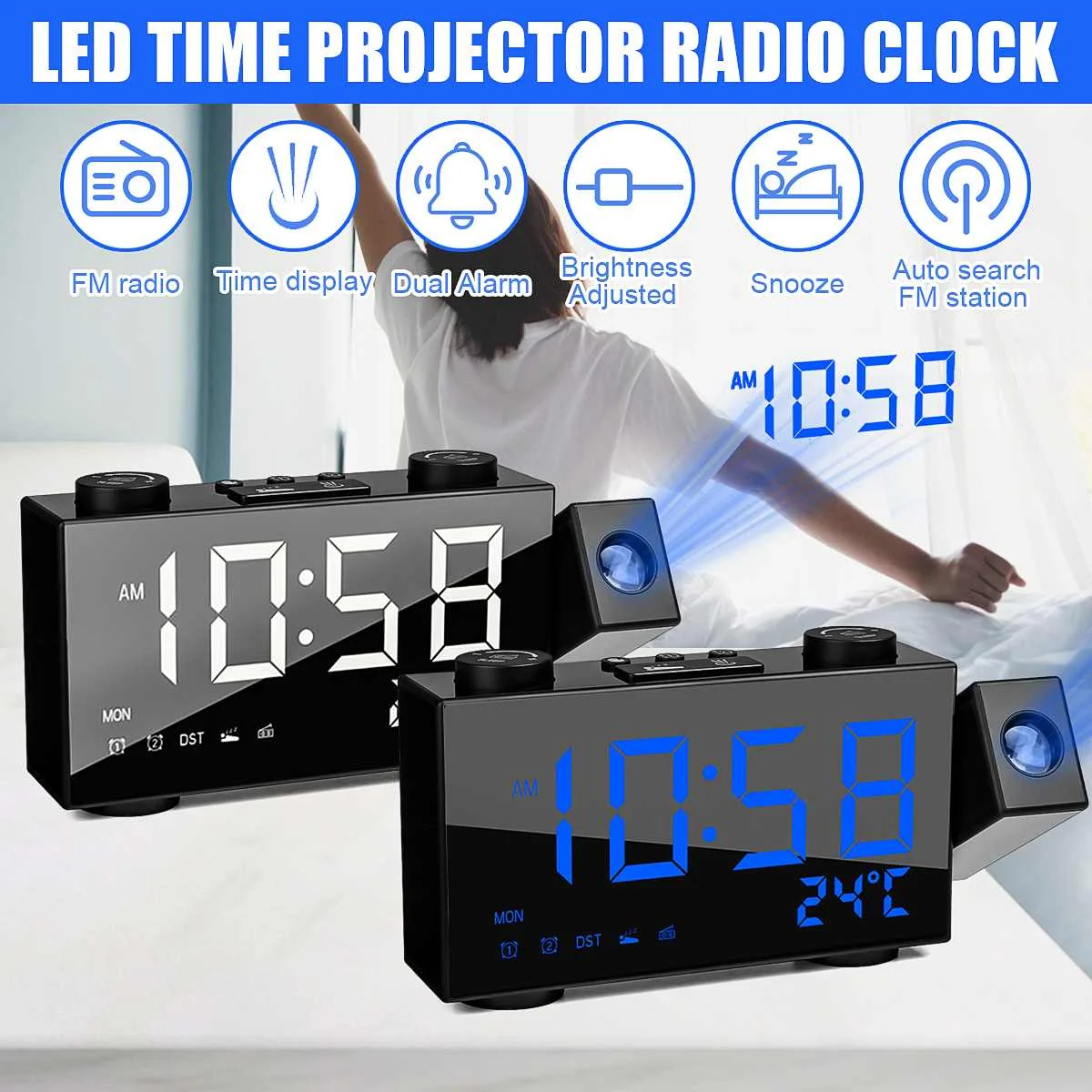 

LED Projection Alarm Clock DC 5V USB Charging Dual Alarm Timing Date Clock Snooze FM Radio 4 Level Screen Brightness Adjustment