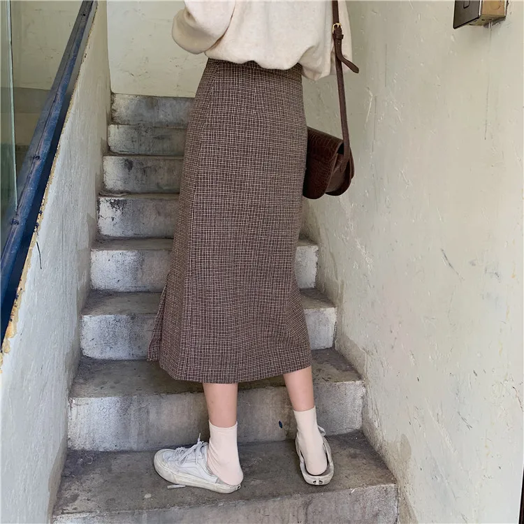 Женская Осенняя зимняя клетчатая длинная юбка с высокой талией, винтажные прямые миди юбки с разрезом