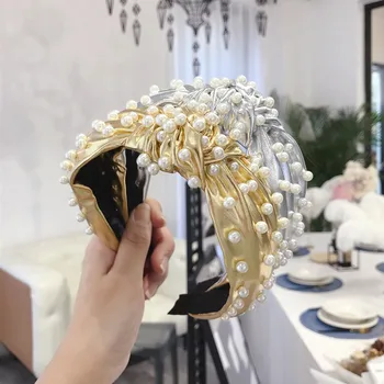 

DUOJIAOYAN Fashion Cloth Wrapped Ruched Headband Imitation Pearl Twist Knotted Hair Hoop Girls PU cross hair band for Women