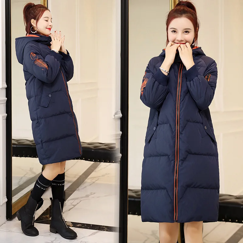 

Fashion Embroidered Cotton-padded Clothes 2018 Winter New Style Versatile Hooded Zipper Long Sleeve Mid-length Loose And Comfort