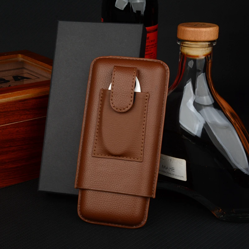 

Leather Cigar Case Brown Cigar Holder Mini Travel Humdor 3 Tube with Cutter Special Shape Box Exellent Men's Smoking Accessory