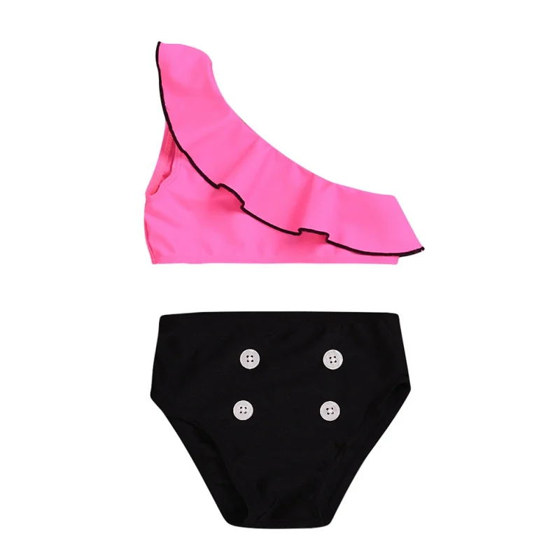 

2020 Girls Swimwears Summer Clothes Shoulder Ruffles Swimsuit High Waist Button Swimming Trunks Bathing Suit Set