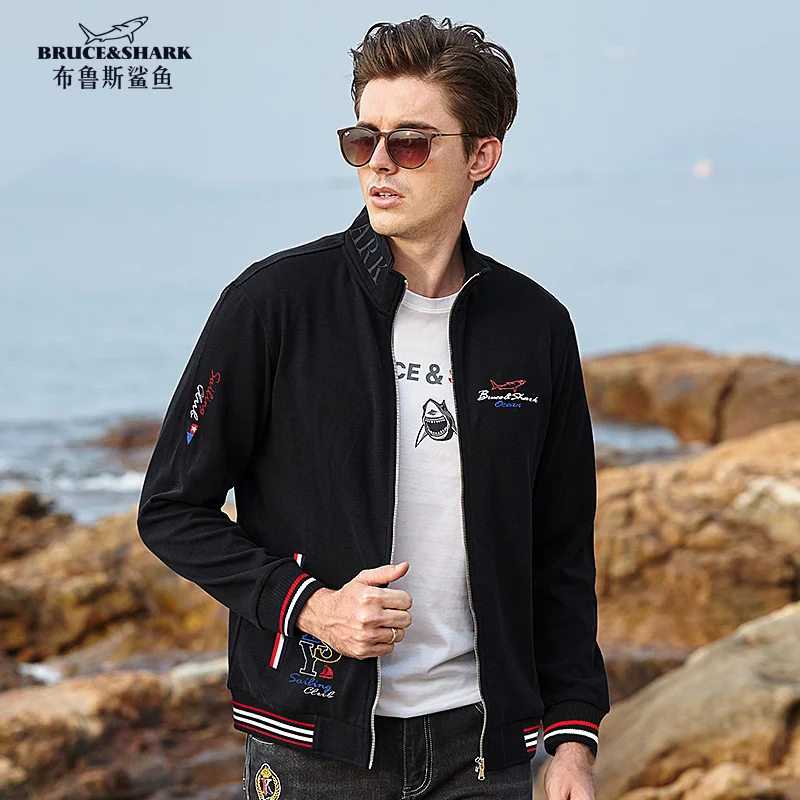 New Bruce&shark Mens Sweater Thicken Winter Embroidery Mens Cardigan Stand Collar Pockets Knit Outwear Male Coat  Super Quality