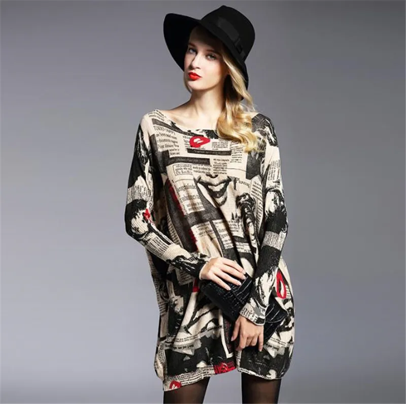 

Fashion Autumn Oversize Sweater Women Batwing Sleeve Patchwork Print Slash Neck Pullovers Knitted Women Pullover dropshipping