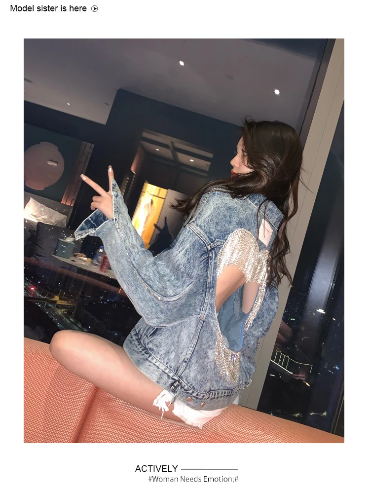 2020 sexy hollow out sequines tassel jeans coat Women Beading Rivet Vintage Boyfriend denim jacket coat Female Long Sleeve Coat