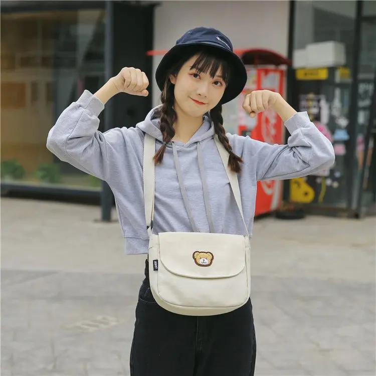 

New Style Korean-style INS Vintage Sense Shoulder Bag GIRL'S Heart Playful bear bao CHIC Students Canvas Shoulder Bag