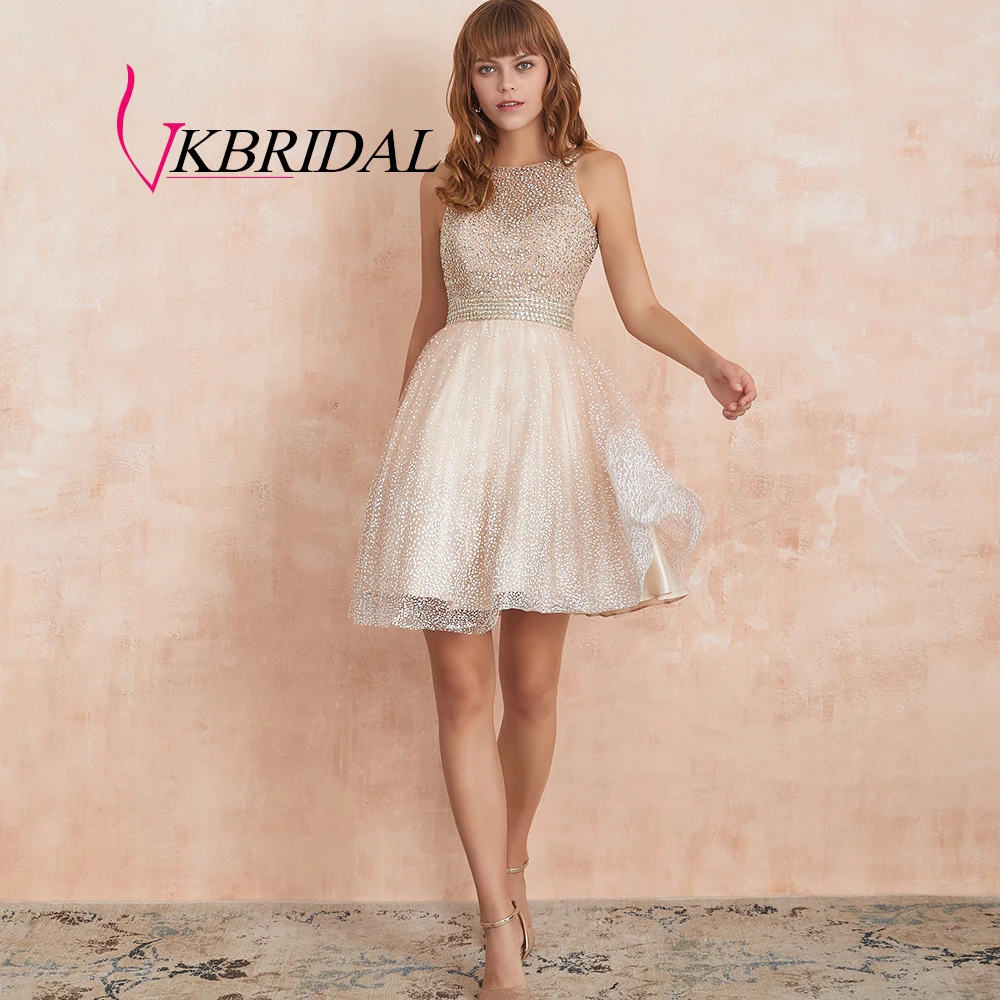 VKBRIDAL сверкающие бисерные короткие платья для выпускного вечера светильник цвета шампань платье для выпускного вечера сексуальные блестящие коктейльные платья Abiye Vestido