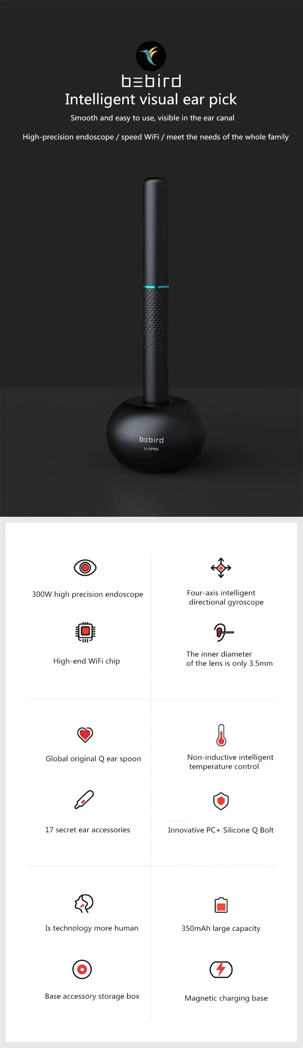 Youpin Bebird M9 Pro Smart Visual Ear Stick In-Ear Cleaning Endoscope 300W Mini Camera Otoscope Borescope Ear Picker Tool Set (1)