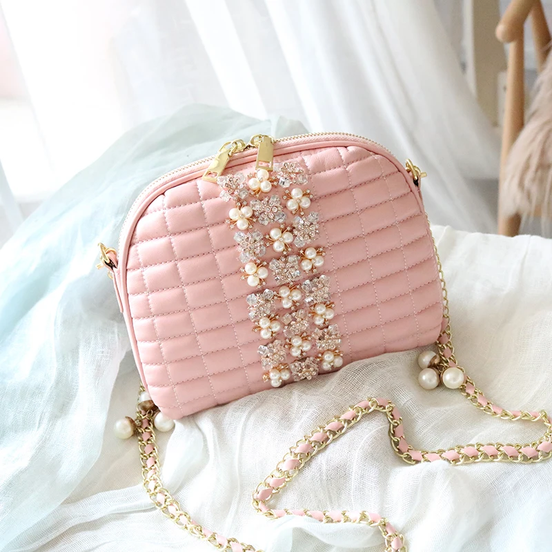 

Spring 2020 New Women's Bag High Quality Chain Shoulder Messenger Bag Luxury Fashion Diamond Pearl Plaid Shell Bag Women Handbag