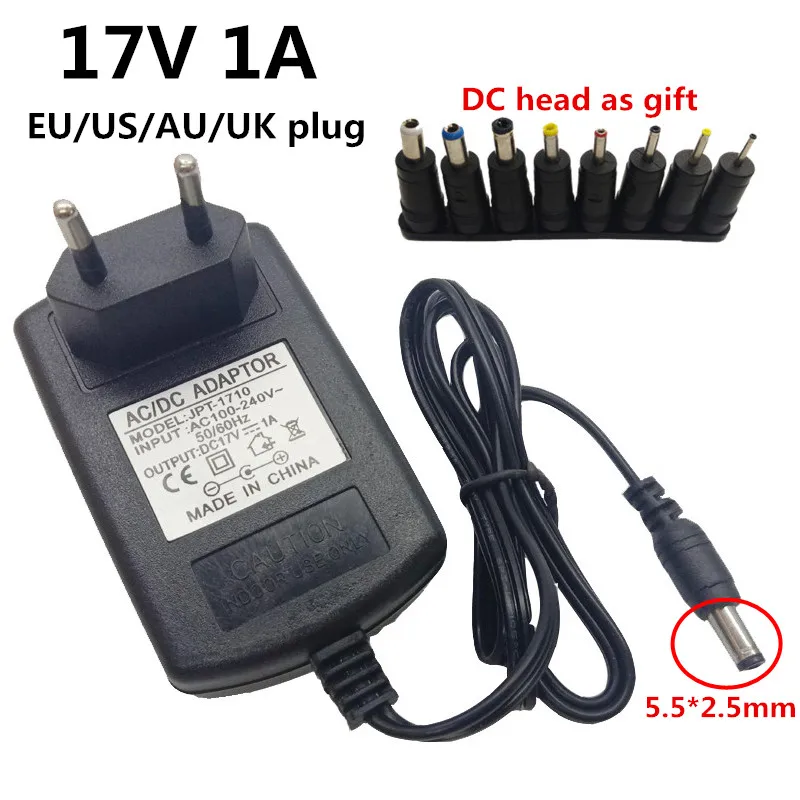 Универсальный адаптер-конвертер для AU, UK, EU, US, 17V1A, AC 100 V-240 V, DC 17 V, 1000mA, импульсный источник питания, 8 шт, DC разъем питания, вилки