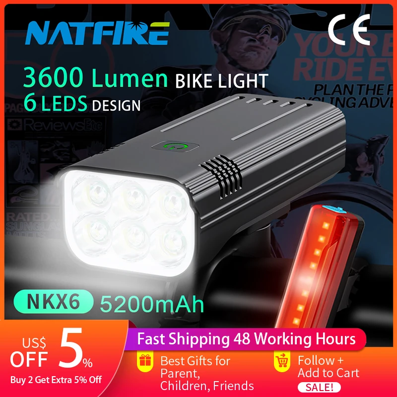 NATFIRE 6 LED Bike Light 3600 Lumen Rechargeable Bicycle Light Flashlight Front and Back Rear Light for Outdoor MTB Road Cycling