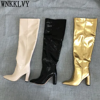 

Gold Pointed toe Snake pattern knee high boots Women chunky high heel shoes slip on long booties Autumn Sexy catwalk boots 2020