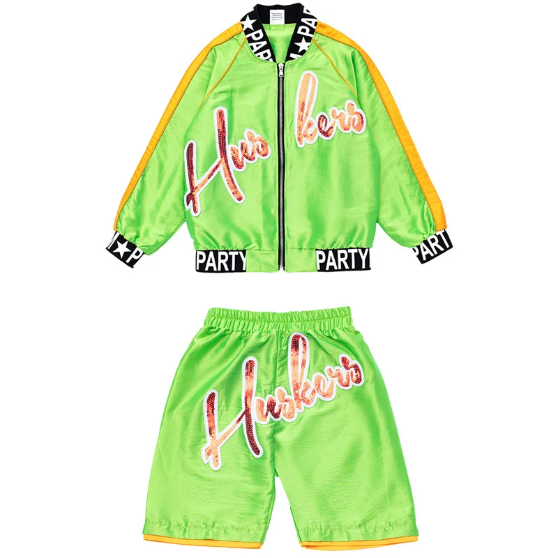 2 pieces set Детская одежда для джазовых танцев костюм для уличных танцев в стиле хип-хоп для мальчиков куртка с вышивкой для девочек шорты для подиума DWY2659 - Цвет: 2 pieces set