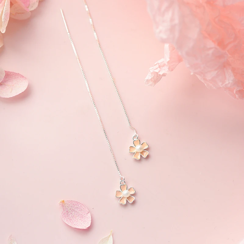 

Sweet Style Silver Natural Pearls Cherry Blossoms Drop Earring 925 Flowers Long Tassels Earrings For Women Girl Fashion Jewelry