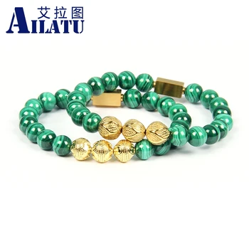 

Ailatu New Stainless Steel Gold Beaded Bracelets with 8mm Natural Malachite Stone Top Quality