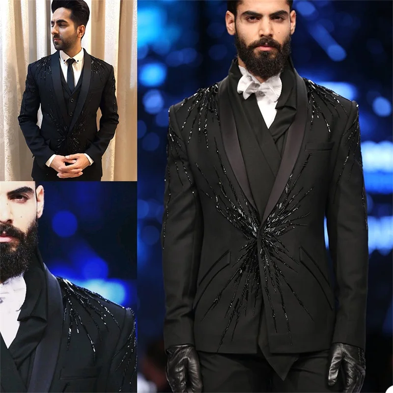 Two Pieces Black Men Suits Luxury Beads Made Men Suits One Button Tuxedos Peaked Lapel Blazer Business Coat+Pant