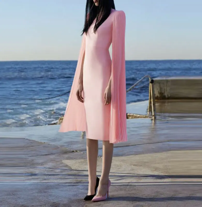 

Elegant Women OL Pleated Shawl Bandage Bodycon Flare Long Sleeve Evening Party Office Lady Midi Pencil Dress