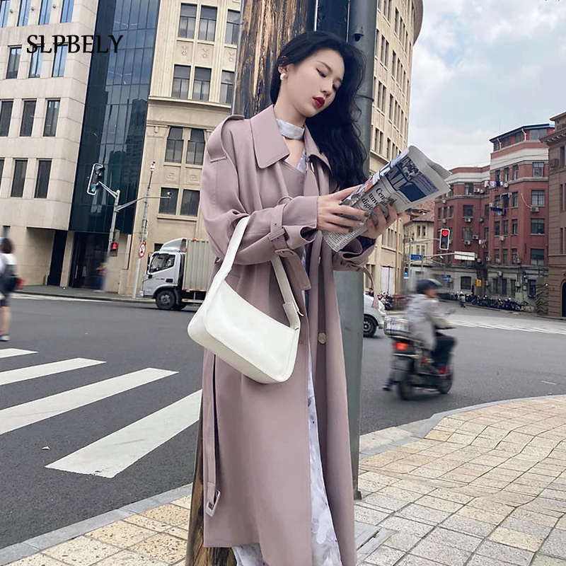 

SLPBELY Women Trench Coat Windbreaker Autumn Casual Double Breasted Korean Style Lady Office Coat With Belt Female Outerwear NEW
