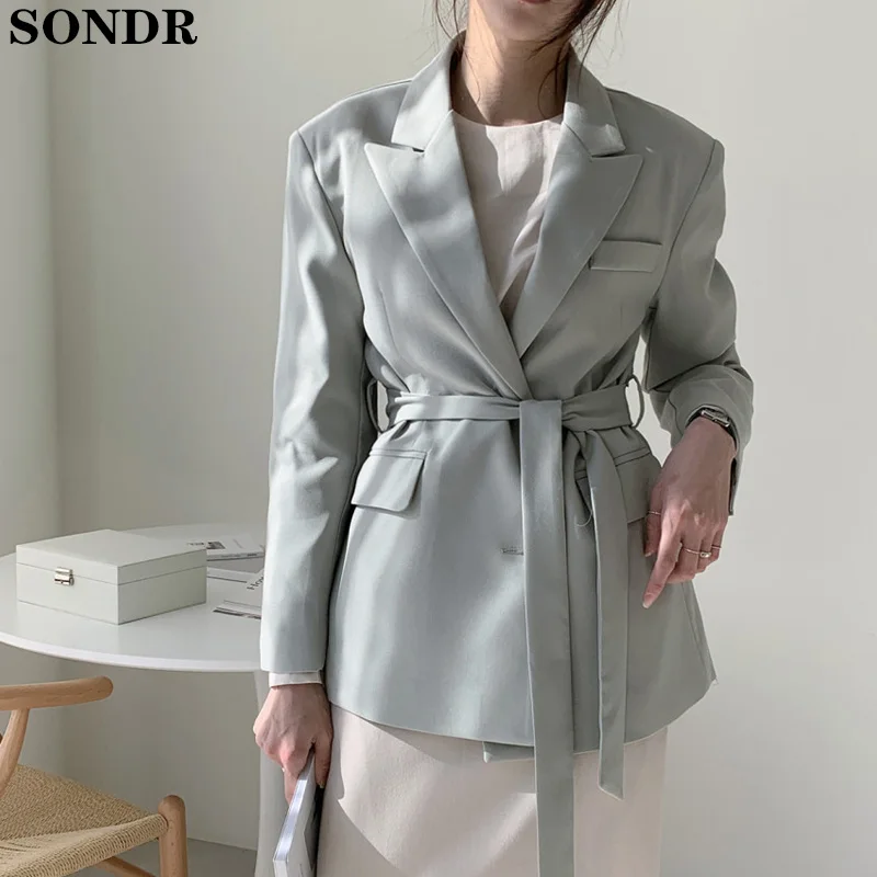 

Korean Work Wear Formal Blazer 2020 New Autumn Blazers Coat Women Female Outwear Slim Elegant OL Suit Collar Jacket With Belt