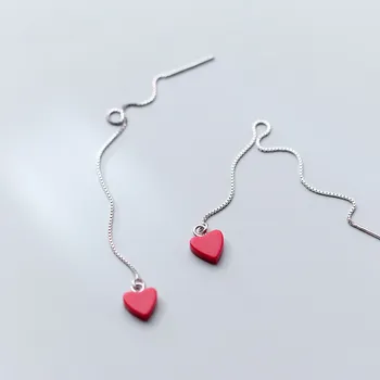 

Girls 925 Sterling Silver Red Love Heart Shaped Ear Threads Earings Trendy Long Hanging Dangle Drop Earrings for Women