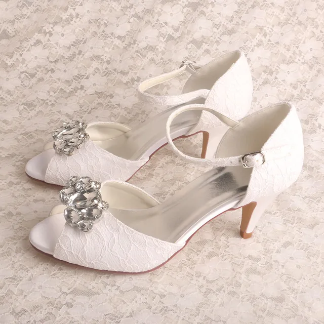Crystal Lace Heels Mary Jane Wedding Shoes Ivory Lace Strap Shoes For Bride  - Pumps - AliExpress