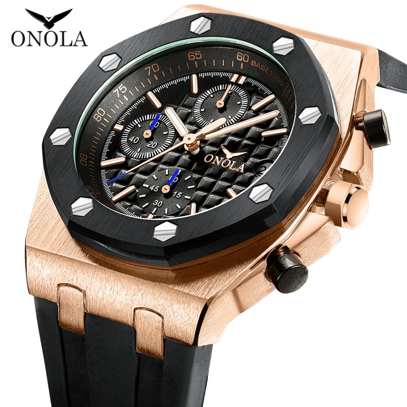 Бренд ONOLA, модные повседневные кварцевые мужские часы, многофункциональный хронограф, наручные часы, полностью черные, золотые, металлические, водонепроницаемые часы для мужчин